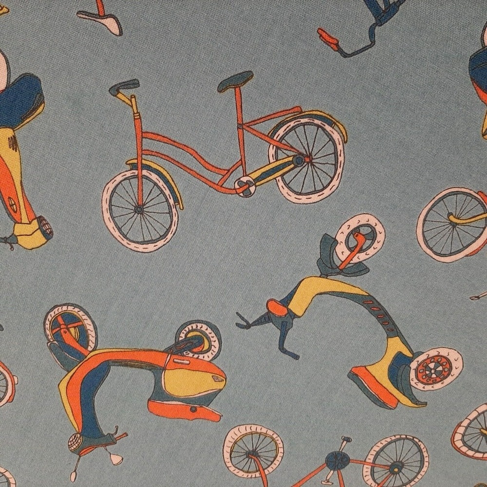 Velocity Jessica Hogarth Moped Bikes Coral Blue Teal Cotton Fabric 1.5 Yards
